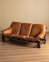 Scandinavian Brutalist Leather and Oak Sofa, Scandinavia, 1970s