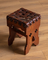 Gothic Carved Oak Stool with Woven Leather Seat, Belgium, 1950's