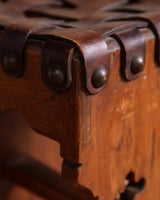 Gothic Carved Oak Stool with Woven Leather Seat, Belgium, 1950's