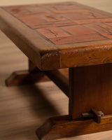 Brutalist Oak & Tile Coffee Table, Signed R. Blanchard, French, 1960s