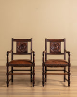 Pair of Oak & Leather Open Arm Chairs, France, 1940s