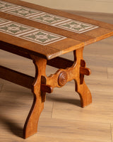 Trestle Base Oak & Floral Tile Coffee Table, Denmark, 1970s