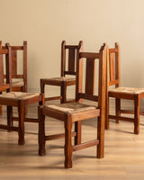 Set of 6 Brutalist Oak & Rush Dining Chairs, Belgium, 1960s