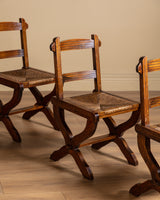 Set of 6 Brutalist Wood & Rush Gouge Carved Dining Chairs, 1960s
