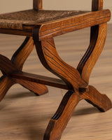 Set of 6 Brutalist Wood & Rush Gouge Carved Dining Chairs, 1960s