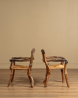 Pair of Rustic Branch & Woven Rush Armchairs, France, 1970's