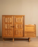 Guillerme et Chambron Oak Bar Cabinet with Travertine Top, France, 1970s