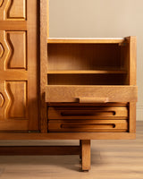 Guillerme et Chambron Oak Bar Cabinet with Travertine Top, France, 1970s