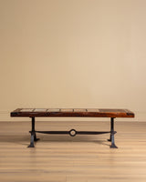 Elm & Tile Coffee Table on Sculptural Iron Base, France, 1960's