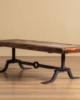 Elm & Tile Coffee Table on Sculptural Iron Base, France, 1960's