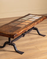Elm & Tile Coffee Table on Sculptural Iron Base, France, 1960's