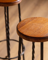 Set of 4 French Oak & Twisted Iron Bar Stools, 1960's