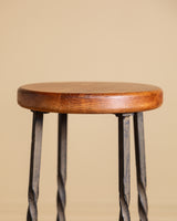 Set of 4 French Oak & Twisted Iron Bar Stools, 1960's