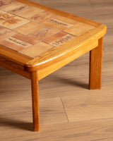 French Elm & Botanical Tile Coffee Table Manner of Capron, France, 1970's