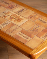 French Elm & Botanical Tile Coffee Table Manner of Capron, France, 1970's