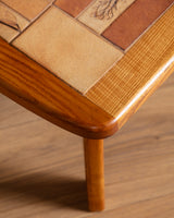 French Elm & Botanical Tile Coffee Table Manner of Capron, France, 1970's
