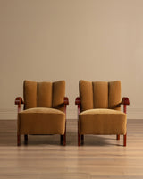 Swedish Ochre Mohair & Wood Lounge Chairs, 1940's