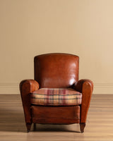 Art Deco Style Leather Club Chair with Plaid Wool Cushion, France, 1940's