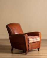 Art Deco Style Leather Club Chair with Plaid Wool Cushion, France, 1940's