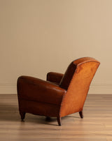 Art Deco Style Leather Club Chair with Plaid Wool Cushion, France, 1940's