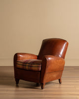 Art Deco Style Leather Club Chair with Plaid Wool Cushion, France, 1940's