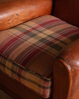 Art Deco Style Leather Club Chair with Plaid Wool Cushion, France, 1940's