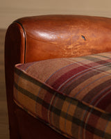Art Deco Style Leather Club Chair with Plaid Wool Cushion, France, 1940's