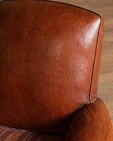 Art Deco Style Leather Club Chair with Plaid Wool Cushion, France, 1940's