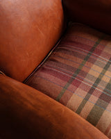 Art Deco Style Leather Club Chair with Plaid Wool Cushion, France, 1940's