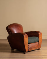 Art Deco Style Leather Club Chair with Green Check Cushion, France, 1940's