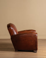 Art Deco Style Leather Club Chair with Green Check Cushion, France, 1940's