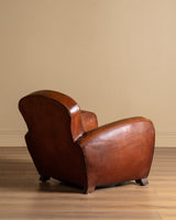 Art Deco Style Leather Club Chair with Green Check Cushion, France, 1940's