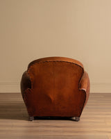 Art Deco Style Leather Club Chair with Green Check Cushion, France, 1940's