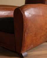 Art Deco Style Leather Club Chair with Green Check Cushion, France, 1940's