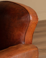 Art Deco Style Leather Club Chair with Green Check Cushion, France, 1940's