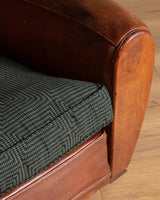 Art Deco Style Leather Club Chair with Green Check Cushion, France, 1940's