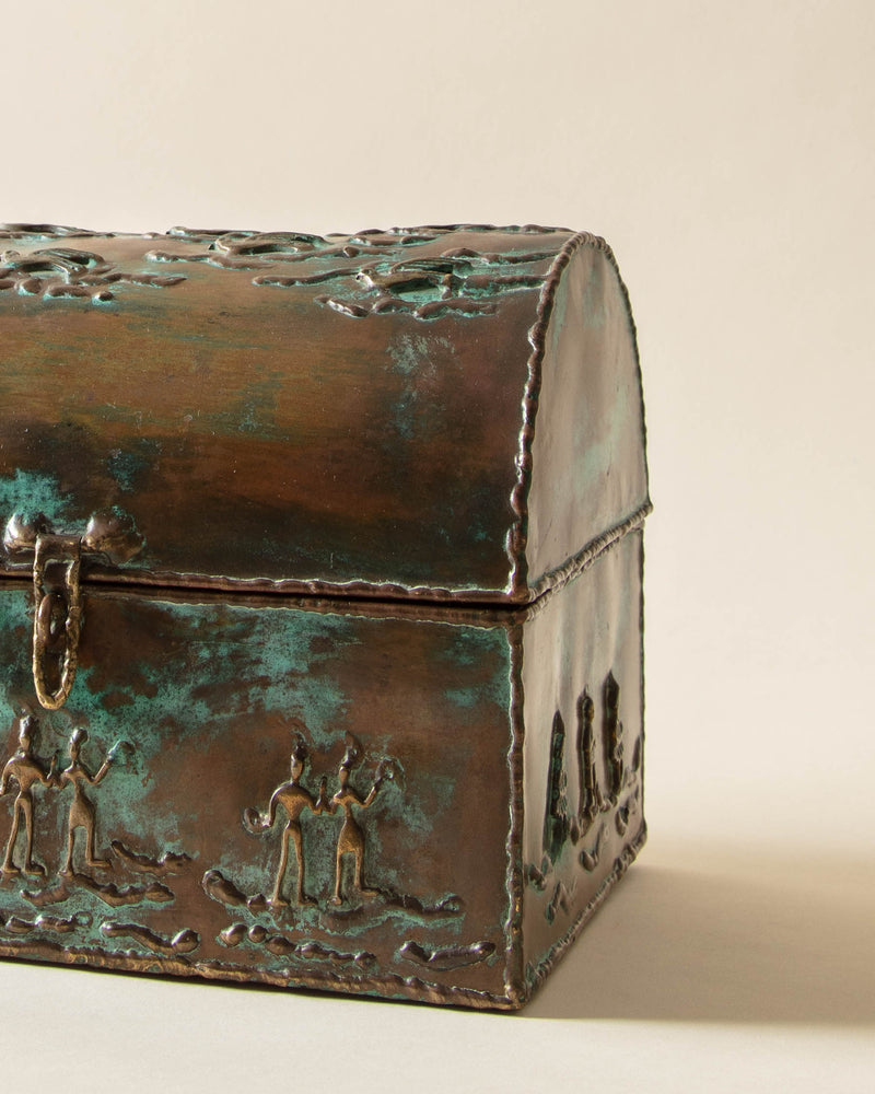 Verdigris Brass Domed Chest Box with Birds and Figures
