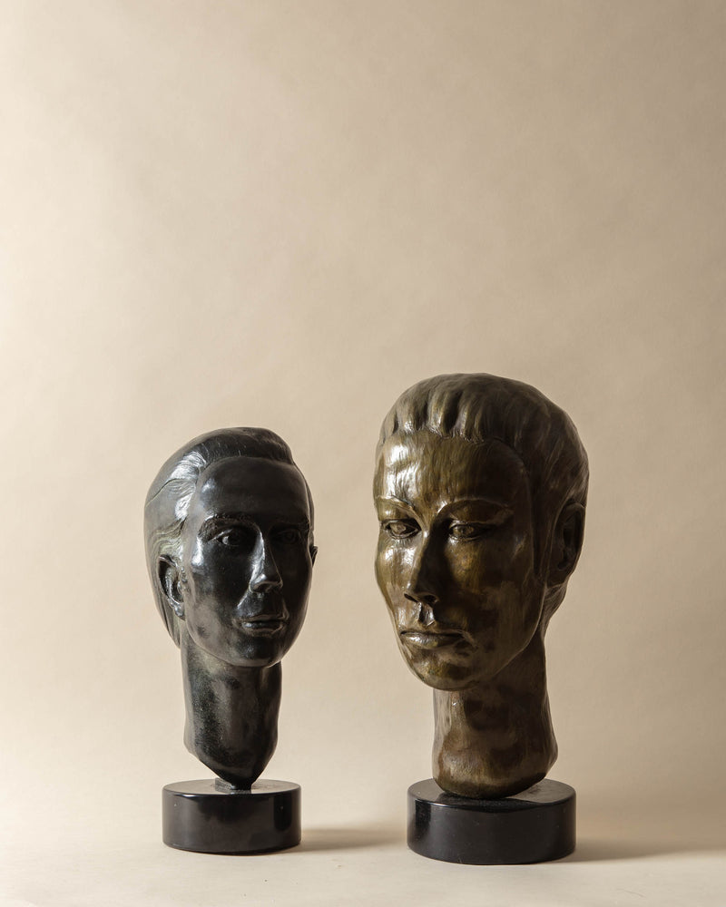 Signed Androgynous Bronze Bust Head Sculpture, Medium with Ponytail