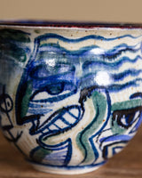 Abstract Blue and Green Painted Studio Pottery Bowl, 1970s - Lone Fox