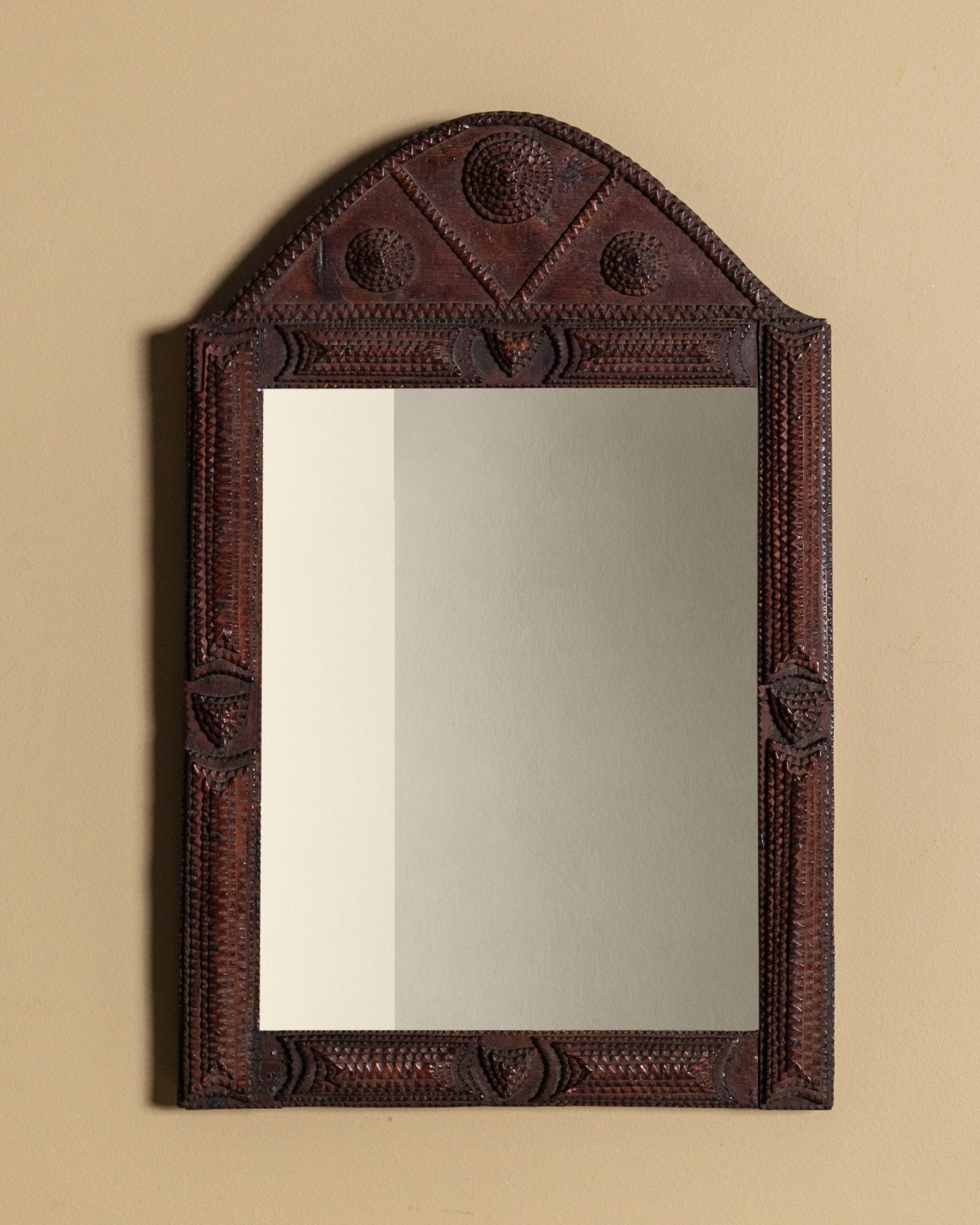 Arched Tramp Art Mirror with Carved Rosettes, Late 19th Century