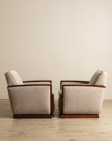 Art Deco Burled Walnut & Butter Chenille Armchairs, France, 1950's (2 Available) - Lone Fox