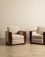 Art Deco Burled Walnut & Butter Chenille Armchairs, France, 1950's (2 Available) - Lone Fox