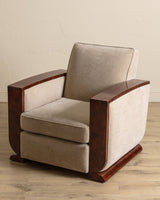 Art Deco Burled Walnut & Butter Chenille Armchairs, France, 1950's (2 Available) - Lone Fox
