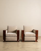 Art Deco Burled Walnut & Butter Chenille Armchairs, France, 1950's (2 Available) - Lone Fox