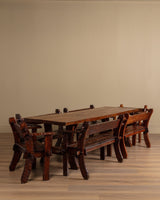 Brutalist Gouge Carved Mortise & Tenon Dining Set, France, 1940's (7 Pieces) - Lone Fox