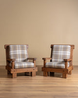 Brutalist Oak Armchairs in New Hampshire Plaid, Netherlands, 1970's (2 available) - Lone Fox