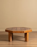 Brutalist Oak & Tile Eight Sided Coffee Table, France, 1960's - Lone Fox