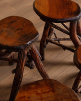 Brutalist Rustic Wood Dining Set w/ 6 Stools, 1960's - Lone Fox