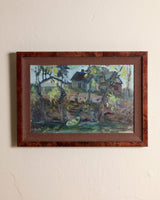 Expressionist Riverscape Oil Painting in Burl Wood Frame, Europe, 1980's - Lone Fox