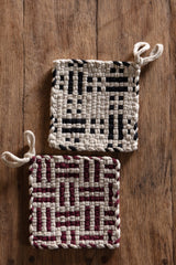 Handwoven Potholder in Flax and Burgundy - Lone Fox